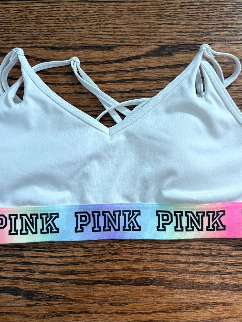NWOT PINK Victoria's Secret White Strappy Bralette with Rainbow Logo Band